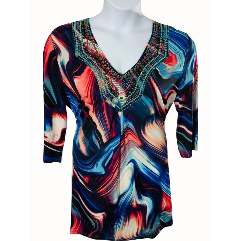 Jolie Multicolor Quarter Sleeve V-Neck Womens Tunic Beaded Neckline Tie-Back XL